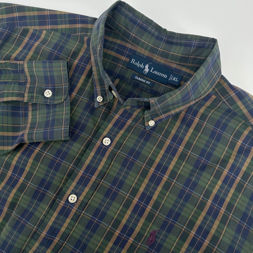 Ralph Lauren Mens XL Classic Fit Plaid Button Down Shirt Green Navy Blue Pony